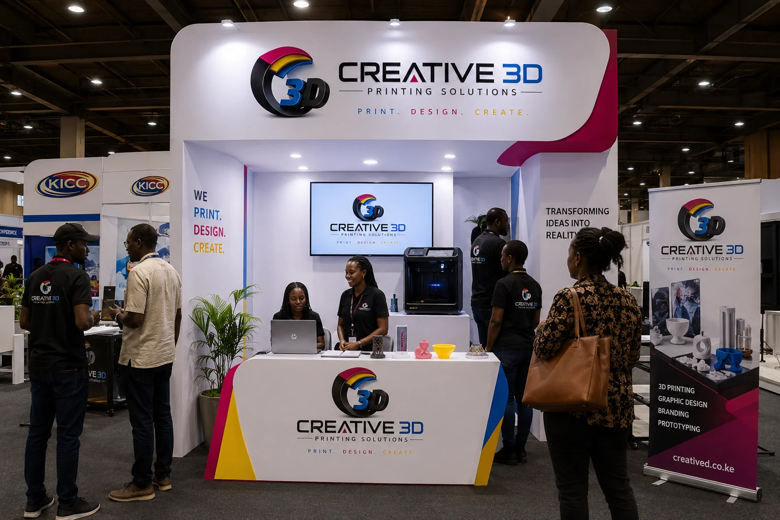 Creative 3D graphic design studio workspace with modern equipment and branding materials